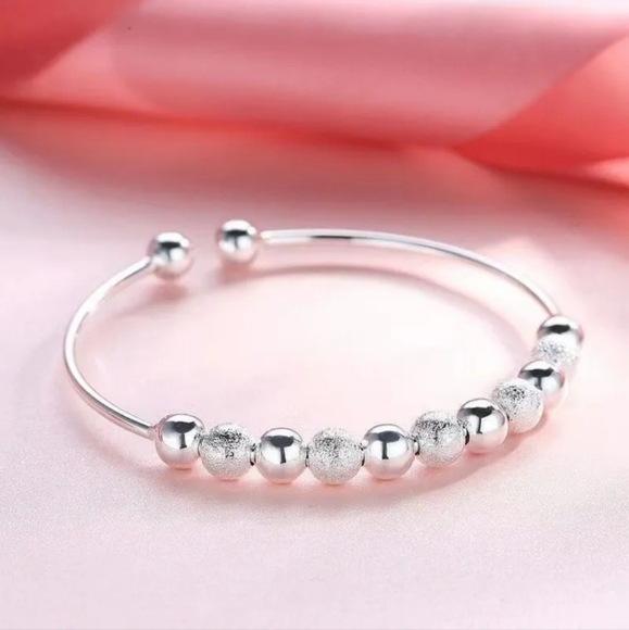 Silver Beaded Bangle Bracelet Adjustable Loose Fit Elegant Dainty Bracelets - Picture 13 of 16